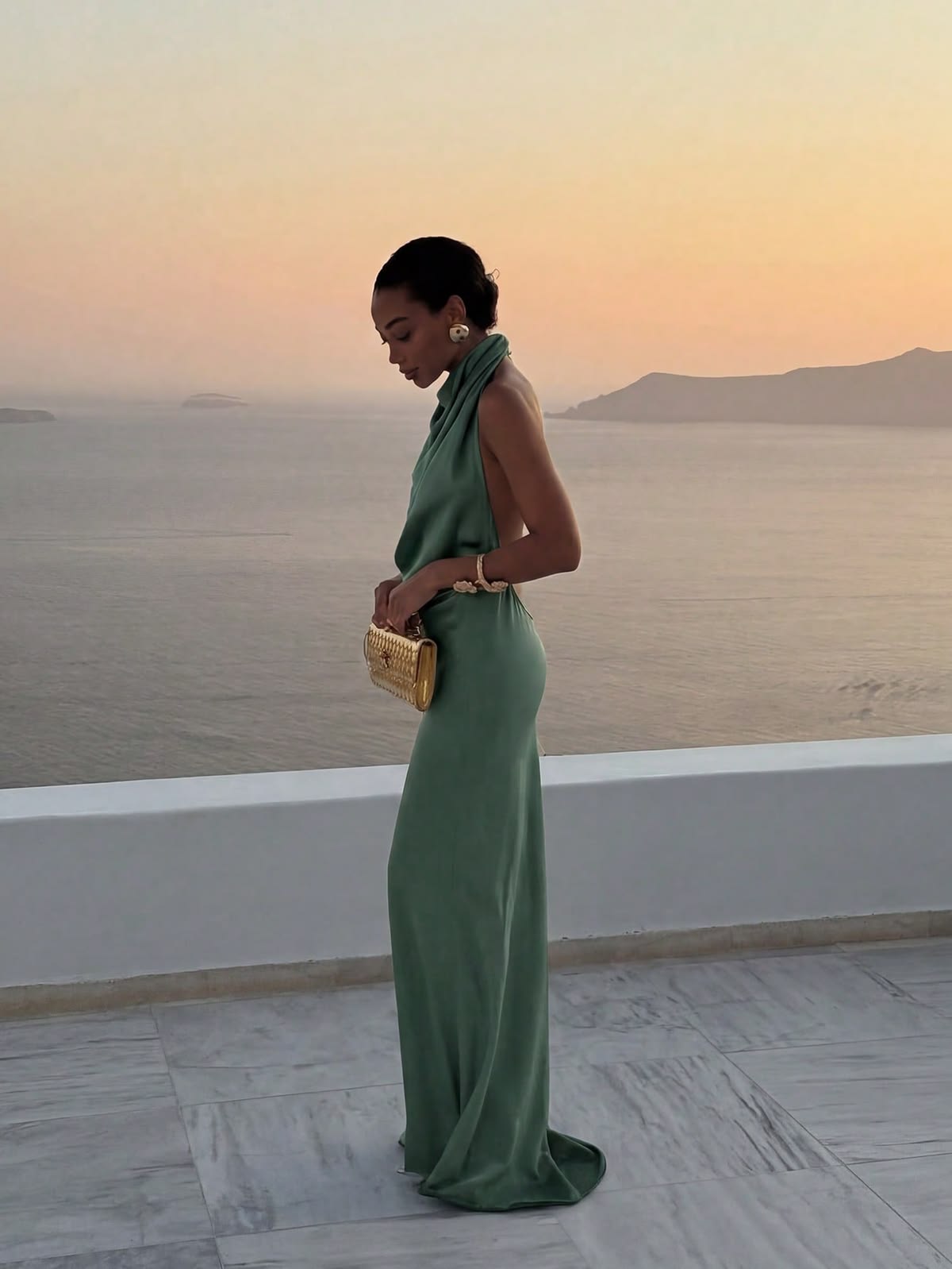 Green satin halter gown