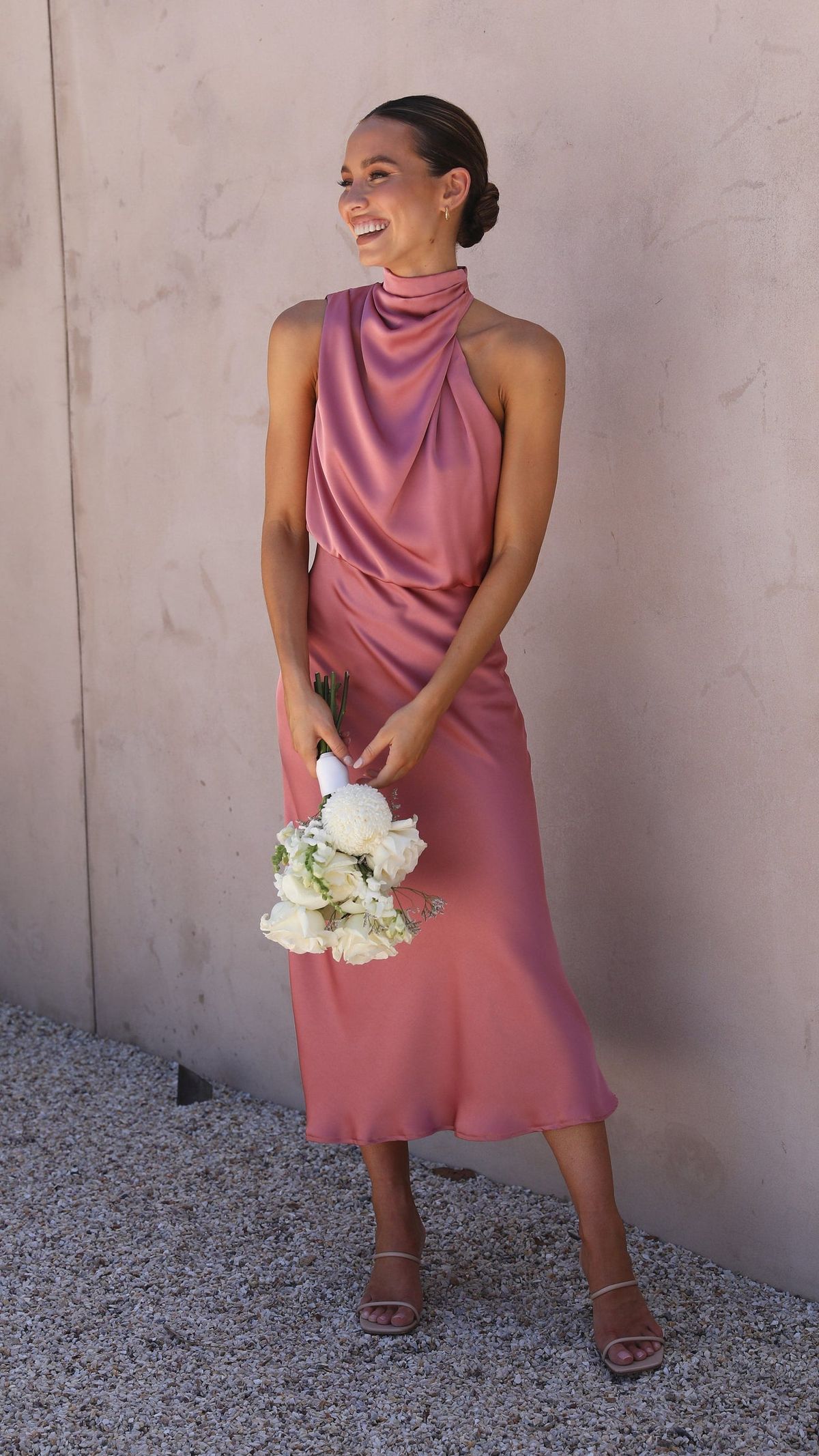 Rose satin halter midi dress