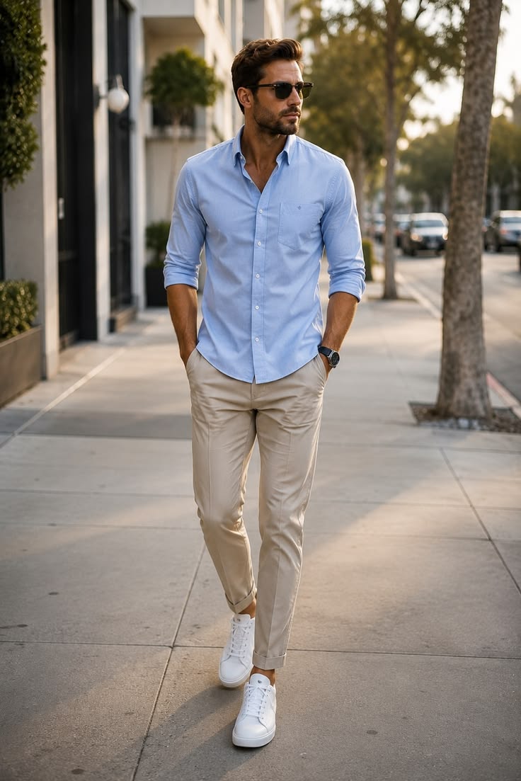 Light blue shirt and beige chinos