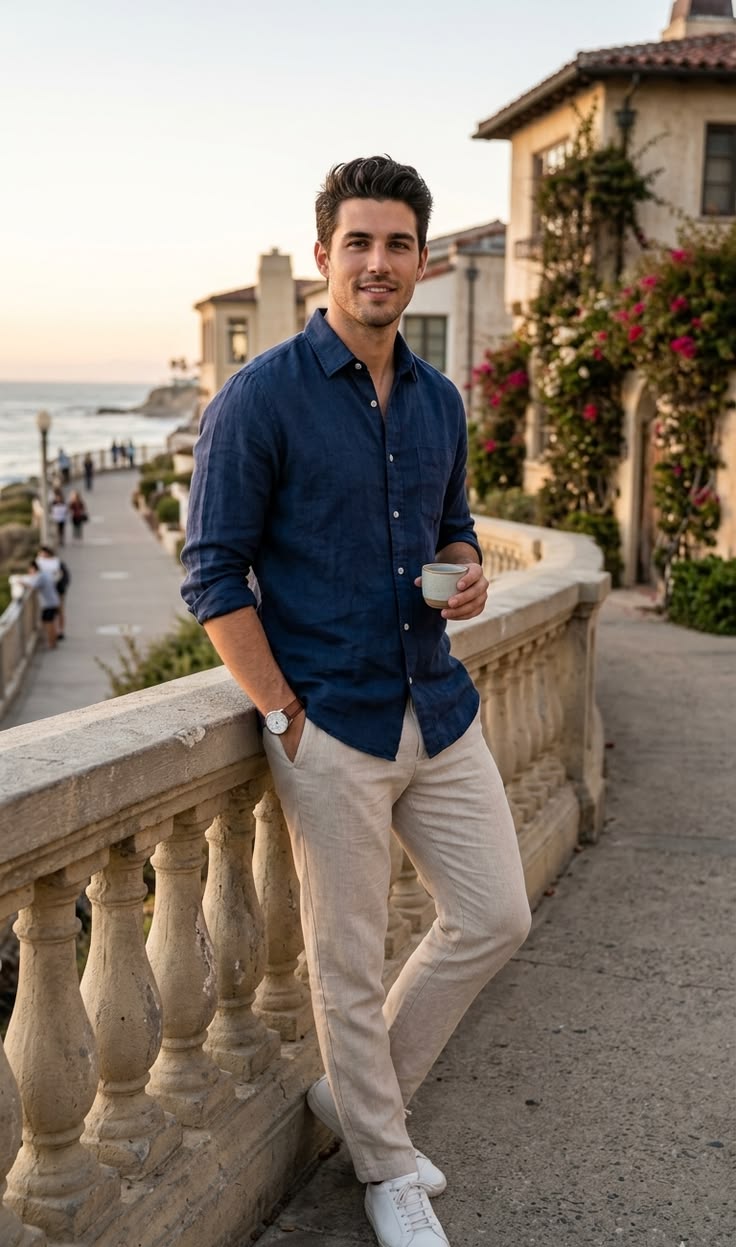 Navy linen shirt and stone chinos